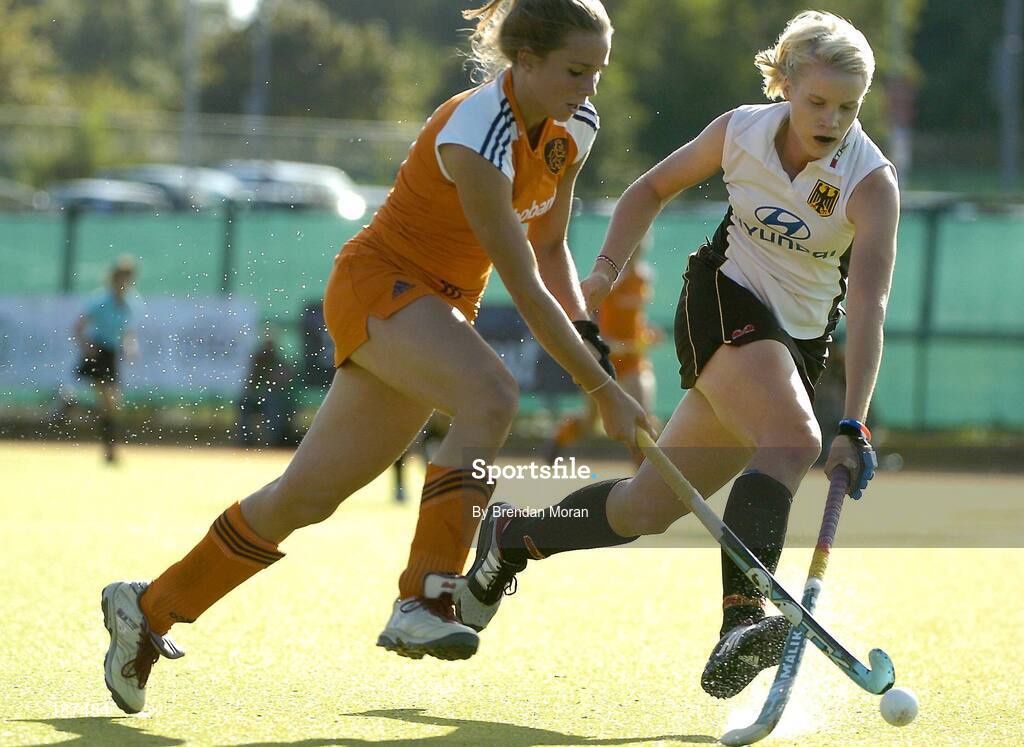 20 August 2005; Ellen Hoog, Netherlands, in action against Svenja Schuermann, Germany. 7th Women's European Nations Hockey Championship Final, Germany v Netherlands, Belfield, UCD, Dublin. Picture credit; Brendan Moran / SPORTSFILE