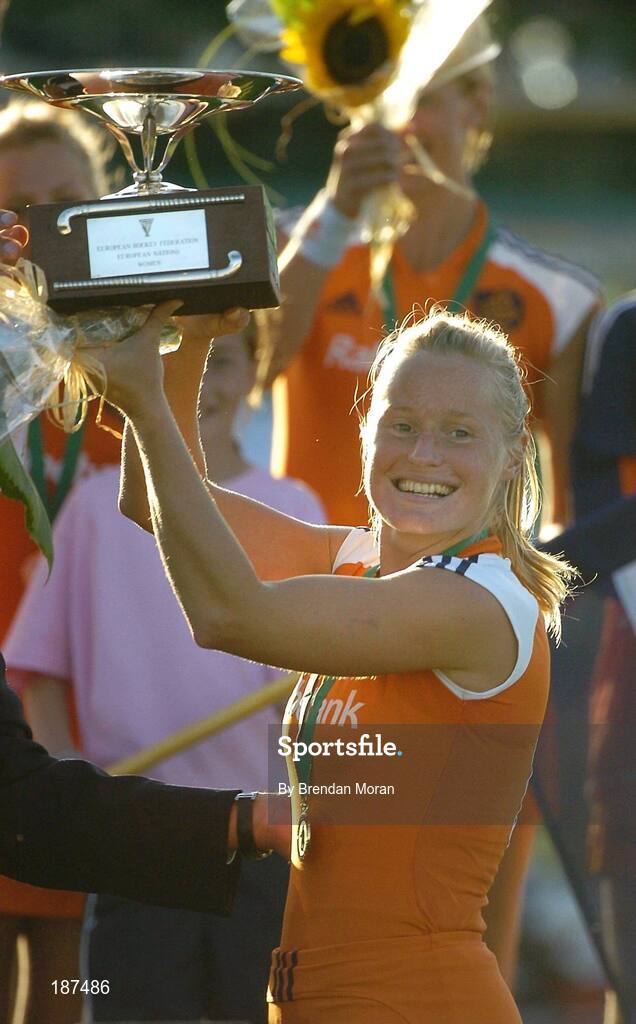 20 August 2005; Netherlands captain Minke Booij lifts the trophy after the game. 7th Women's European Nations Hockey Championship Final, Germany v Netherlands, Belfield, UCD, Dublin. Picture credit; Brendan Moran / SPORTSFILE