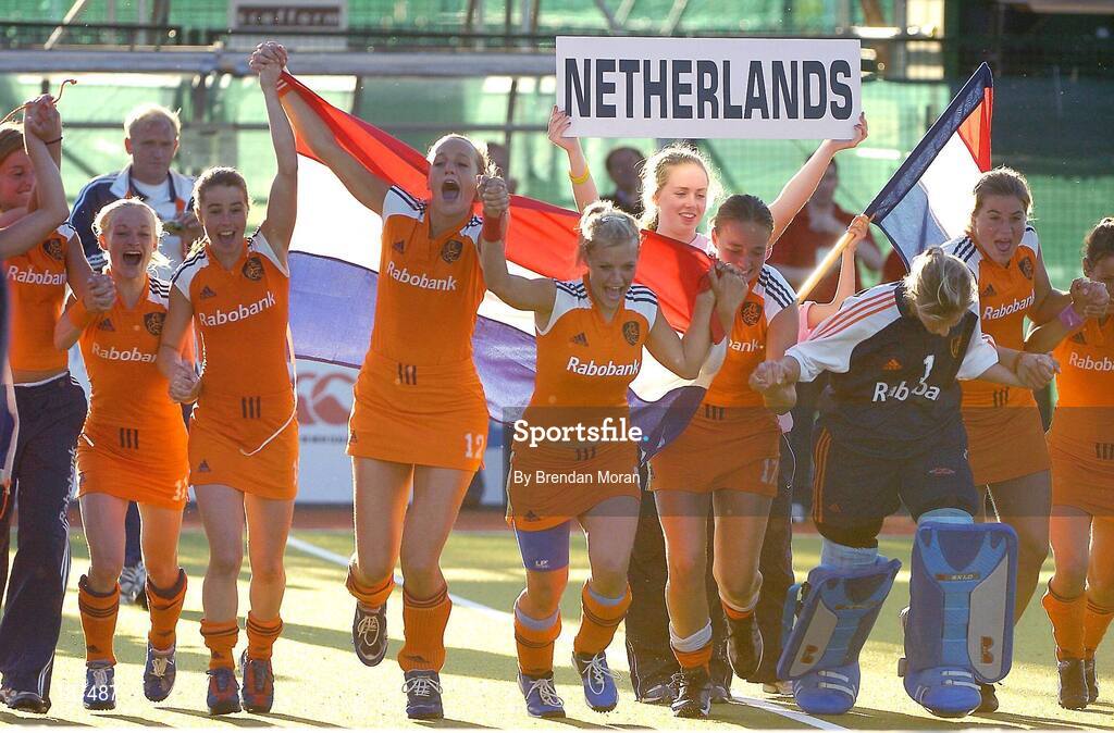20 August 2005; Members of the Netherlands team celebrate victory after the game. 7th Women's European Nations Hockey Championship Final, Germany v Netherlands, Belfield, UCD, Dublin. Picture credit; Brendan Moran / SPORTSFILE