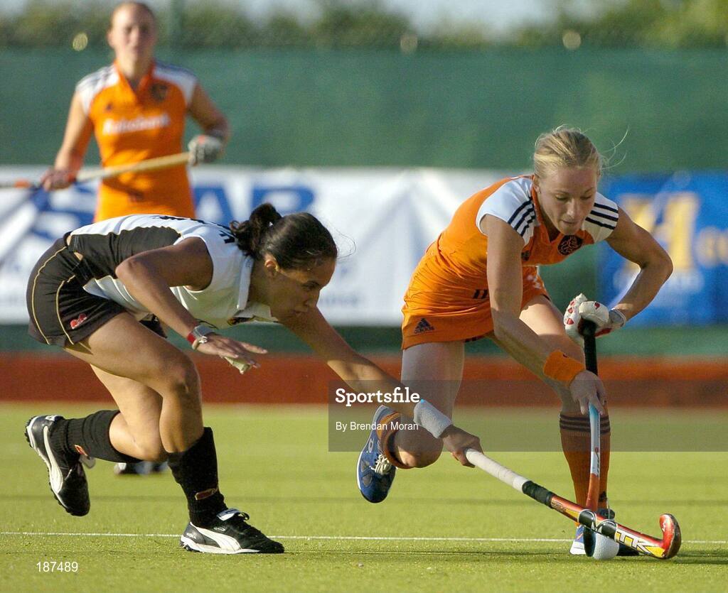 20 August 2005; Maartje Goderie, Netherlands, in action against Badri Latif, Germany. 7th Women's European Nations Hockey Championship Final, Germany v Netherlands, Belfield, UCD, Dublin. Picture credit; Brendan Moran / SPORTSFILE