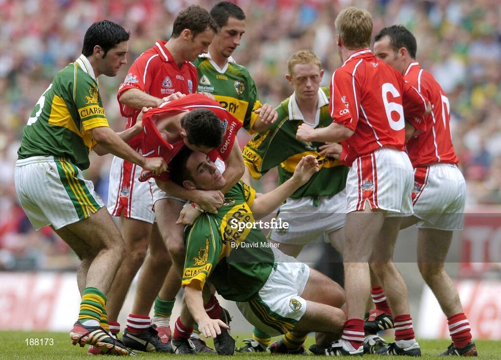 28 August 2005; Graham Canty, Cork, tussels with Declan O'Sullivan, Kerry, as players from both sides attempt to seperate them. Bank of Ireland All-Ireland Senior Football Championship Semi-Final, Kerry v Cork, Croke Park, Dublin. Picture credit; David Maher / SPORTSFILE