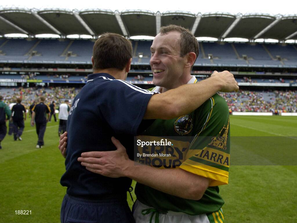 28 August 2005; Kerry's Seamus Moynihan with manager Jack O'Connor after the game. Bank of Ireland All-Ireland Senior Football Championship Semi-Final, Kerry v Cork, Croke Park, Dublin. Picture credit; Brendan Moran / SPORTSFILE