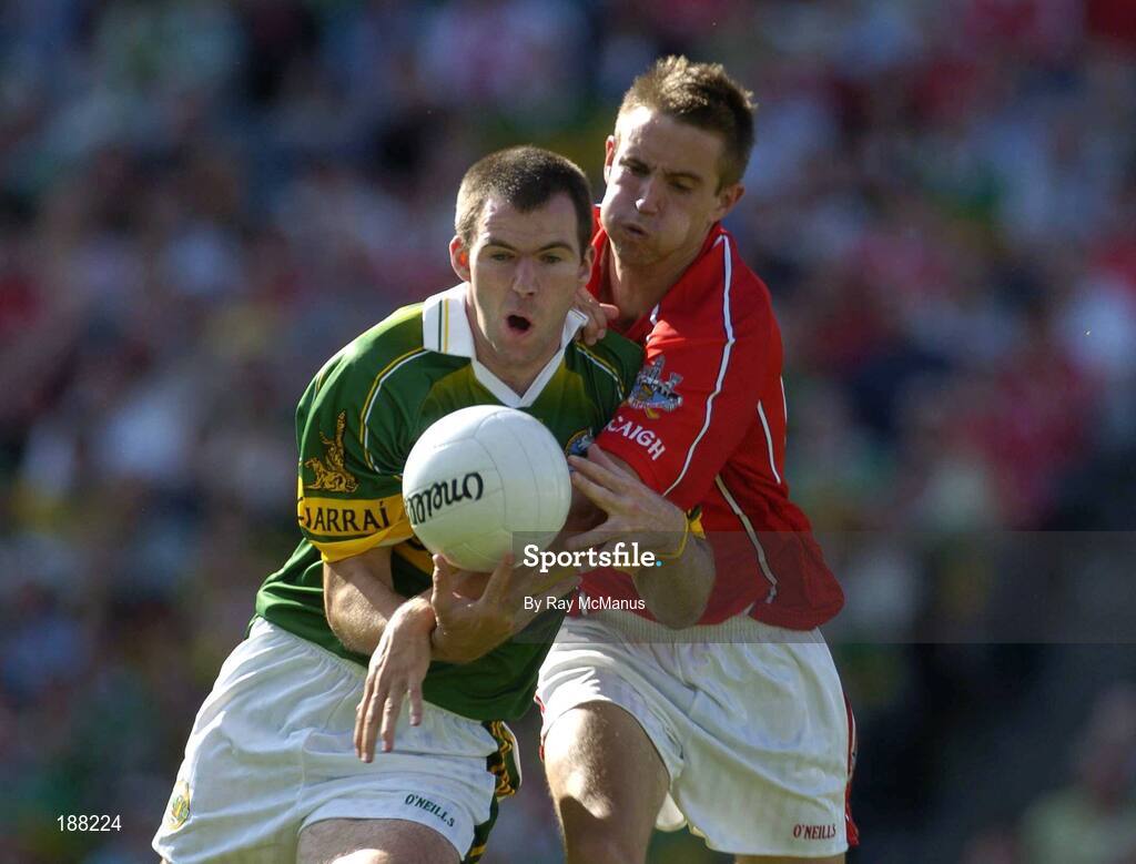 28 August 2005; Michael McCarthy, Kerry, is tackled by Kevin MacMahon, Cork. Bank of Ireland All-Ireland Senior Football Championship Semi-Final, Kerry v Cork, Croke Park, Dublin. Picture credit; Ray McManus / SPORTSFILE