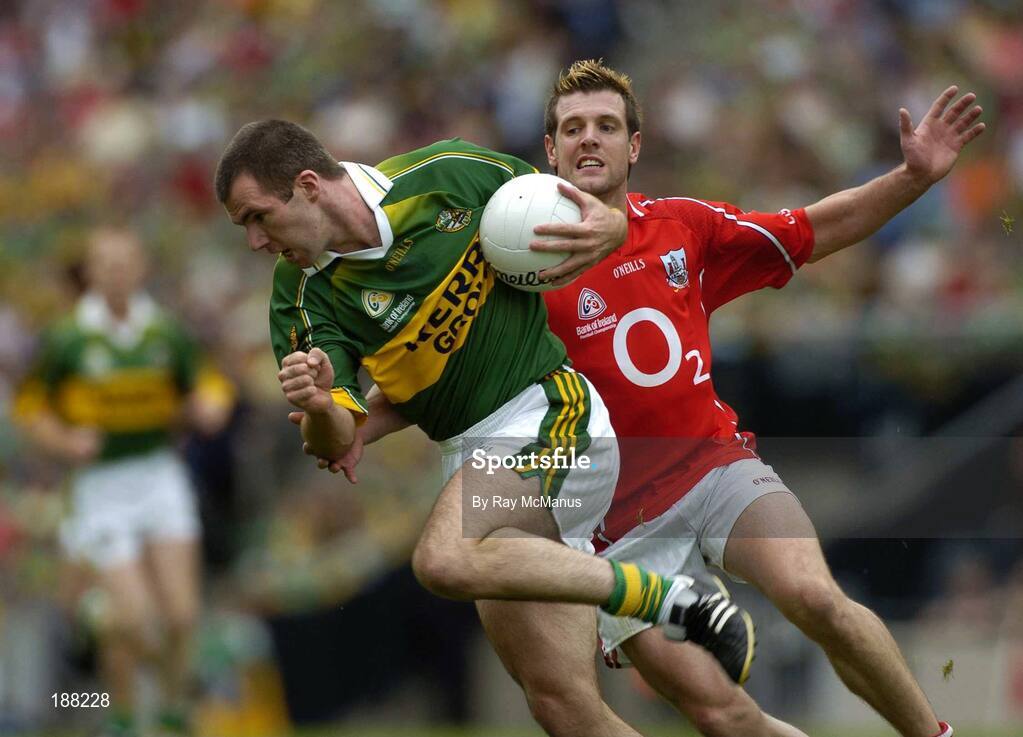 28 August 2005; Michael McCarthy, Kerry, in action against Brendan Jer O'Sullivan, Cork. Bank of Ireland All-Ireland Senior Football Championship Semi-Final, Kerry v Cork, Croke Park, Dublin. Picture credit; Ray McManus / SPORTSFILE