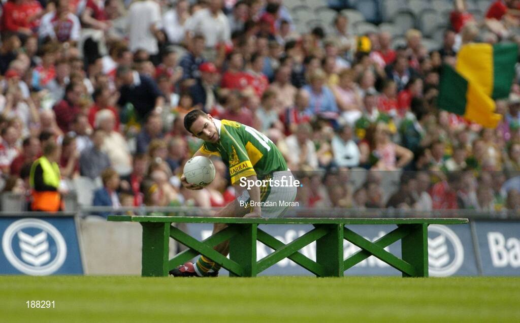 28 August 2005; Kerry captain Declan O'Sullivan waits on his team-mates as sits on the bench before the team photograph. Bank of Ireland All-Ireland Senior Football Championship Semi-Final, Kerry v Cork, Croke Park, Dublin. Picture credit; Brendan Moran / SPORTSFILE