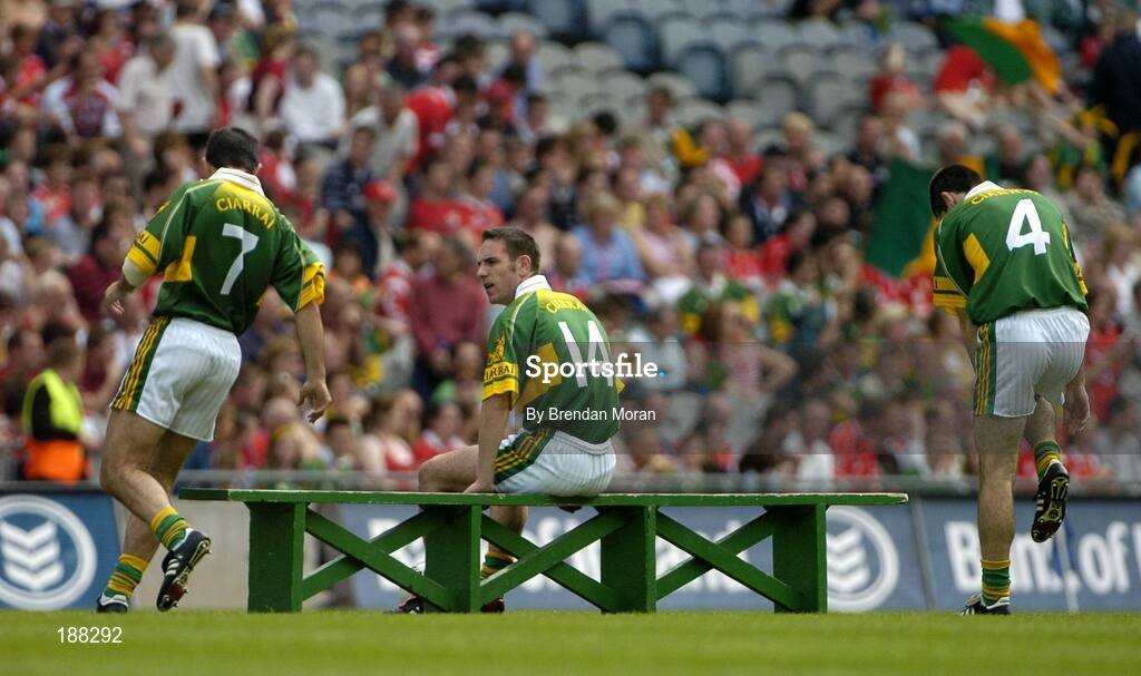 28 August 2005; Kerry captain Declan O'Sullivan (14) sits on the bench, accompanied by team-mates Aidan O'Mahony, left, and Tom O'Sullivan, before the team photograph. Bank of Ireland All-Ireland Senior Football Championship Semi-Final, Kerry v Cork, Croke Park, Dublin. Picture credit; Brendan Moran / SPORTSFILE