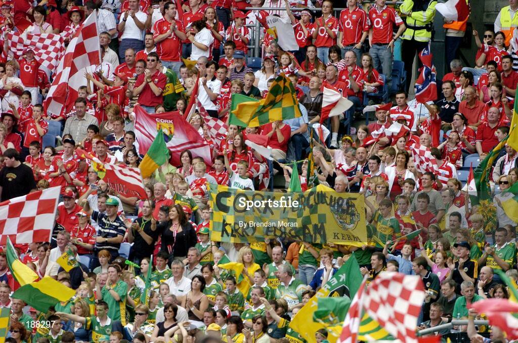 28 August 2005; Cork and Kerry fans cheer on their sides before the game. Bank of Ireland All-Ireland Senior Football Championship Semi-Final, Kerry v Cork, Croke Park, Dublin. Picture credit; Brendan Moran / SPORTSFILE