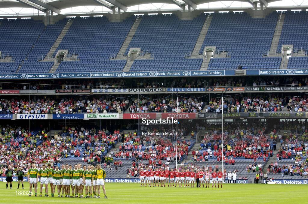 28 August 2005; The Kerry and Cork teams stand for the national anthems before the game. Bank of Ireland All-Ireland Senior Football Championship Semi-Final, Kerry v Cork, Croke Park, Dublin. Picture credit; Brendan Moran / SPORTSFILE