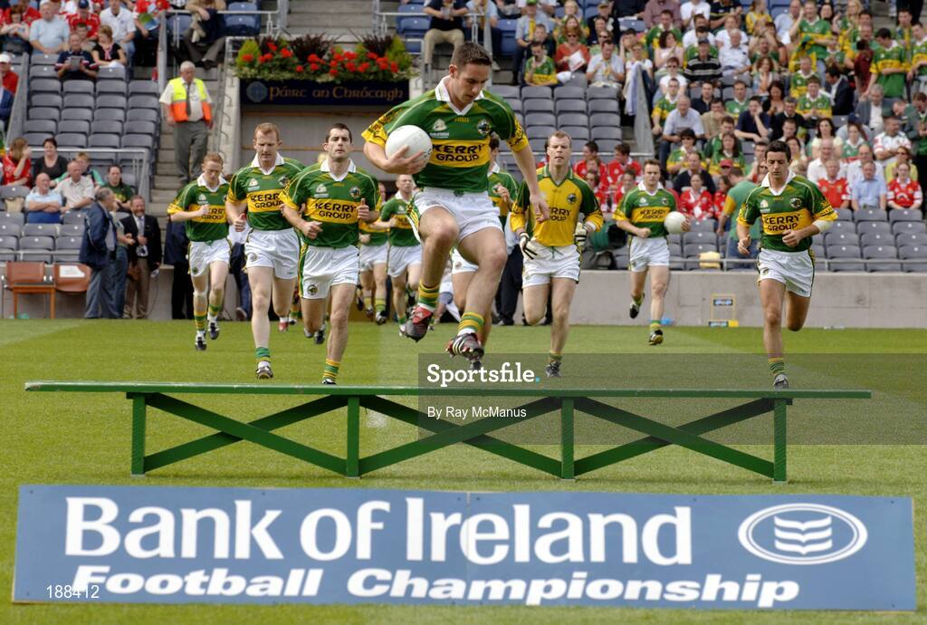 28 August 2005; The Kerry players led by captain Declan O'Sullivan make their way to the bench for the team photograph. Bank of Ireland All-Ireland Senior Football Championship Semi-Final, Kerry v Cork, Croke Park, Dublin. Picture credit; Ray McManus / SPORTSFILE