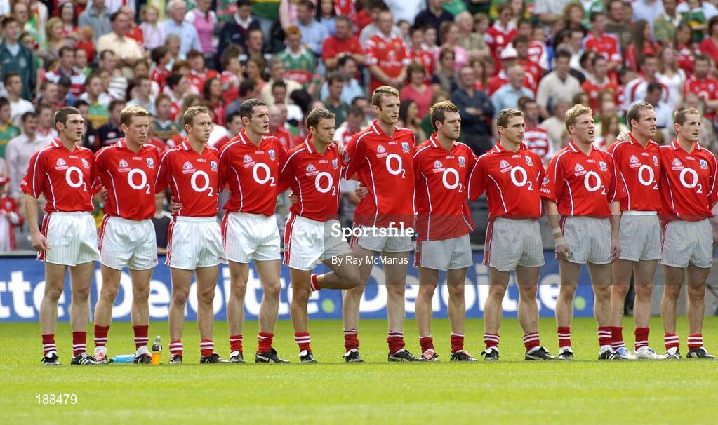 28 August 2005; The Cork players stand for the National Anthem. Bank of Ireland All-Ireland Senior Football Championship Semi-Final, Kerry v Cork, Croke Park, Dublin. Picture credit; Ray McManus / SPORTSFILE