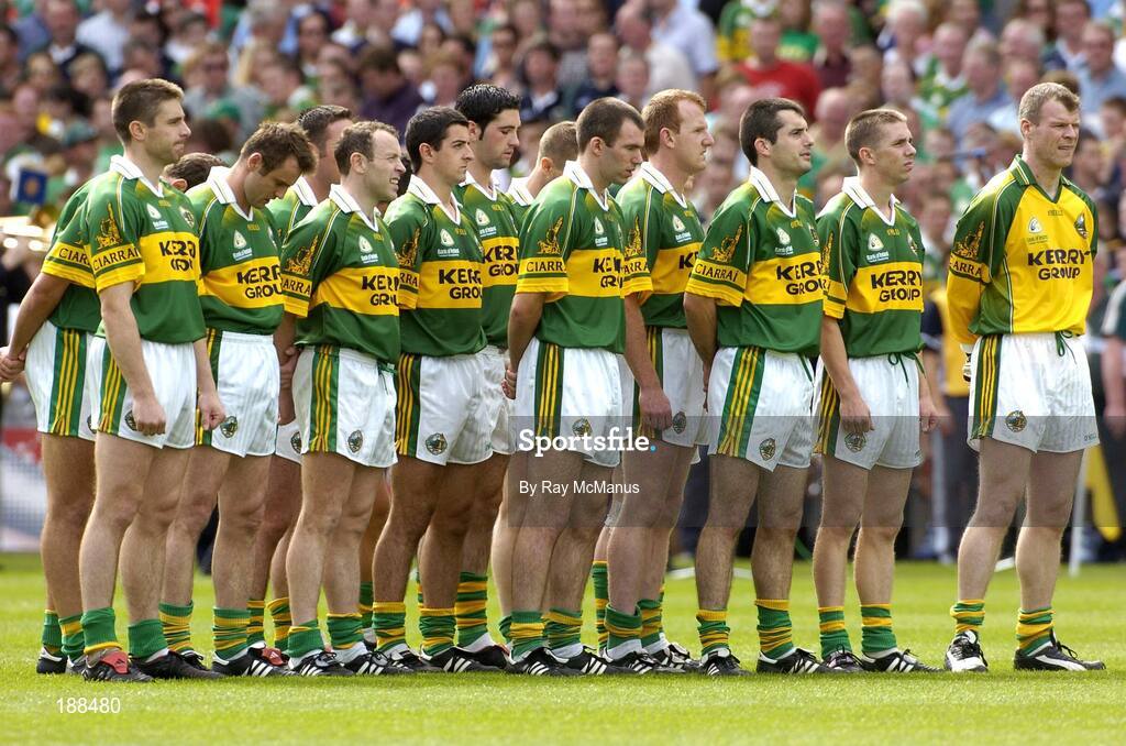 28 August 2005; The Kerry team stand for the National Anthem. Bank of Ireland All-Ireland Senior Football Championship Semi-Final, Kerry v Cork, Croke Park, Dublin. Picture credit; Ray McManus / SPORTSFILE