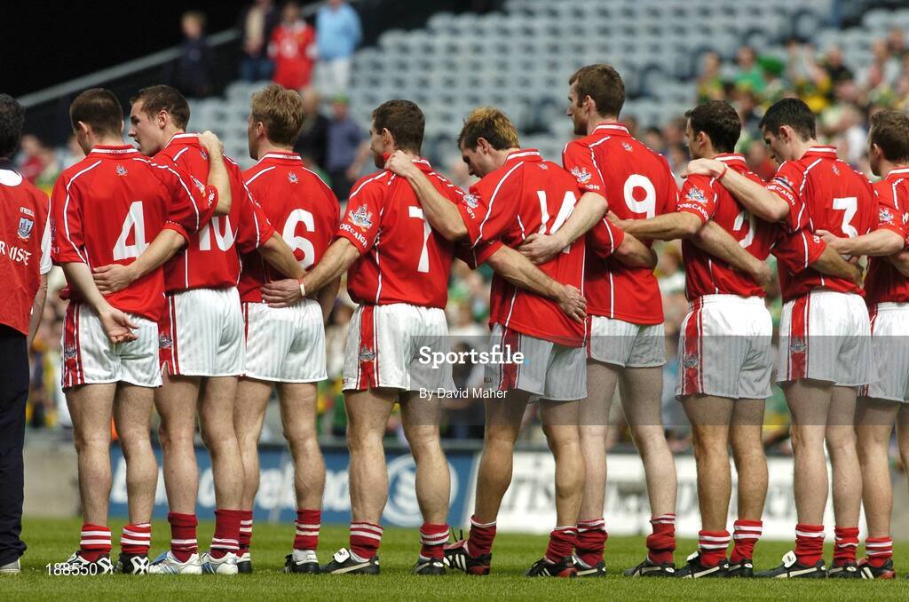 28 August 2005; The Cork players line up during the national anthem. Bank of Ireland All-Ireland Senior Football Championship Semi-Final, Kerry v Cork, Croke Park, Dublin. Picture credit; David Maher / SPORTSFILE