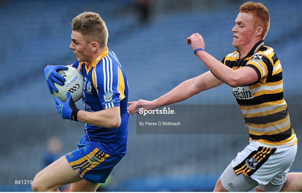 8 March 2014; Charlie McMickan, Marist Athlone, in action against Dylan Ó Treasaigh, Coláiste Eoin. Leinster Colleges Senior Football Championship Final, Coláiste Eoin v Marist Athlone. Croke Park, Dublin. Picture credit: Piaras Ó Mídheach / SPORTSFILE