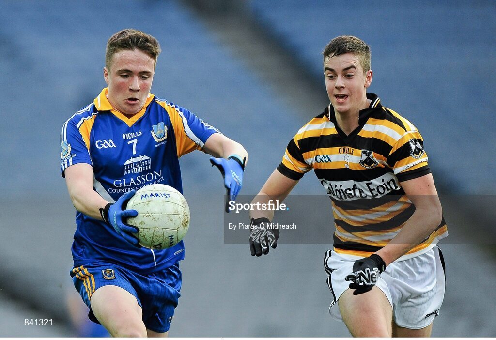 8 March 2014; Luke Carty, Marist Athlone, in action against Conchúr Ó Cathasaigh, Coláiste Eoin. Leinster Colleges Senior Football Championship Final, Coláiste Eoin v Marist Athlone. Croke Park, Dublin. Picture credit: Piaras Ó Mídheach / SPORTSFILE