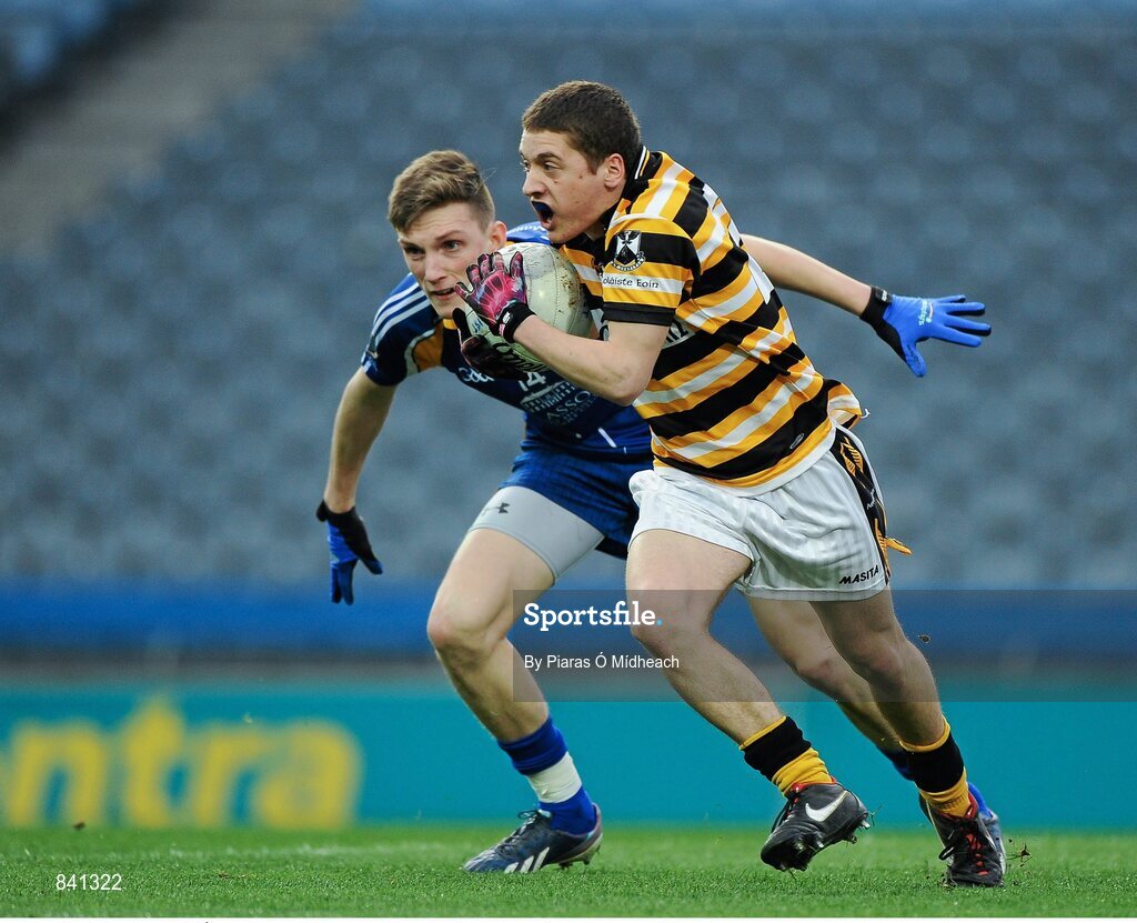 8 March 2014; Dara Ó Colpa, Coláiste Eoin, in action against Conor Marlow, Marist Athlone. Leinster Colleges Senior Football Championship Final, Coláiste Eoin v Marist Athlone. Croke Park, Dublin. Picture credit: Piaras Ó Mídheach / SPORTSFILE