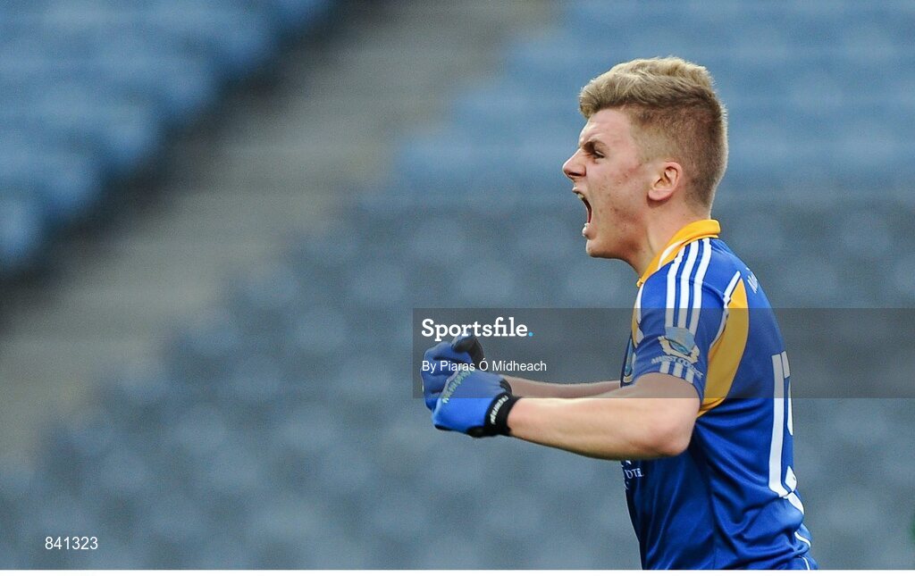 8 March 2014; Charlie McMickan, Marist Athlone, celebrates his first half goal. Leinster Colleges Senior Football Championship Final, Coláiste Eoin v Marist Athlone. Croke Park, Dublin. Picture credit: Piaras Ó Mídheach / SPORTSFILE