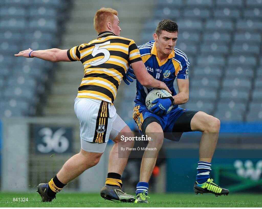 8 March 2014; Terry Byrne, Marist Athlone, in action against Dylan Ó Treasaigh, Coláiste Eoin. Leinster Colleges Senior Football Championship Final, Coláiste Eoin v Marist Athlone. Croke Park, Dublin. Picture credit: Piaras Ó Mídheach / SPORTSFILE