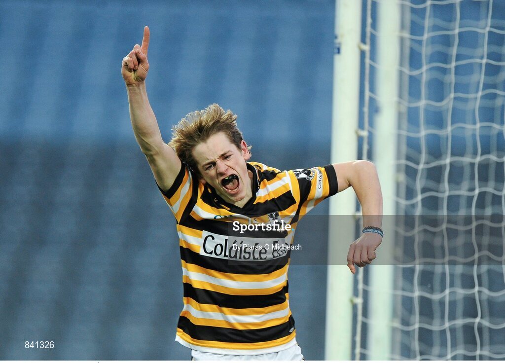 8 March 2014; Colm Ó Neill, Coláiste Eoin, celebrates his second half goal. Leinster Colleges Senior Football Championship Final, Coláiste Eoin v Marist Athlone. Croke Park, Dublin. Picture credit: Piaras Ó Mídheach / SPORTSFILE