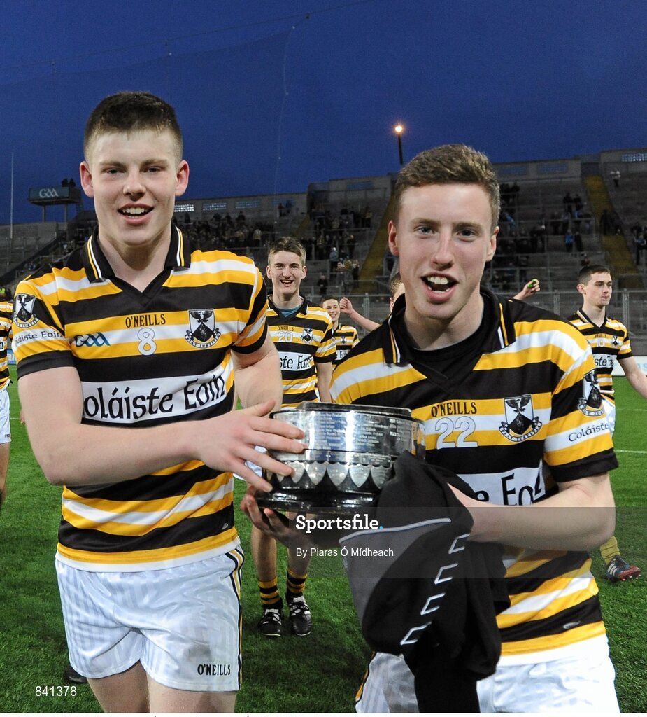 8 March 2014; Seán Ó Dúlaing, 8, and Rónán Ó hAinifidh, Coláiste Eoin celebrate after the game. Leinster Colleges Senior Football Championship Final, Coláiste Eoin v Marist Athlone. Croke Park, Dublin. Picture credit: Piaras Ó Mídheach / SPORTSFILE
