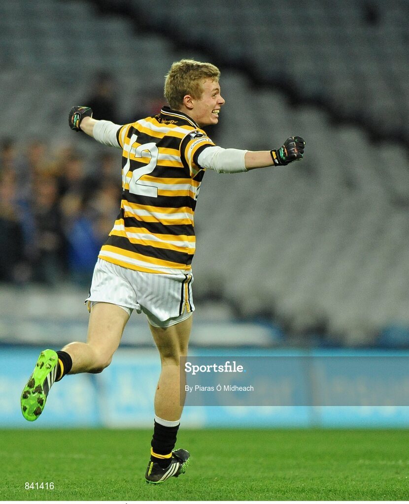 8 March 2014; Fionn Ó Riain Broin, Coláiste Eoin, celebrates at the final whistle. Leinster Colleges Senior Football Championship Final, Coláiste Eoin v Marist Athlone. Croke Park, Dublin. Picture credit: Piaras Ó Mídheach / SPORTSFILE
