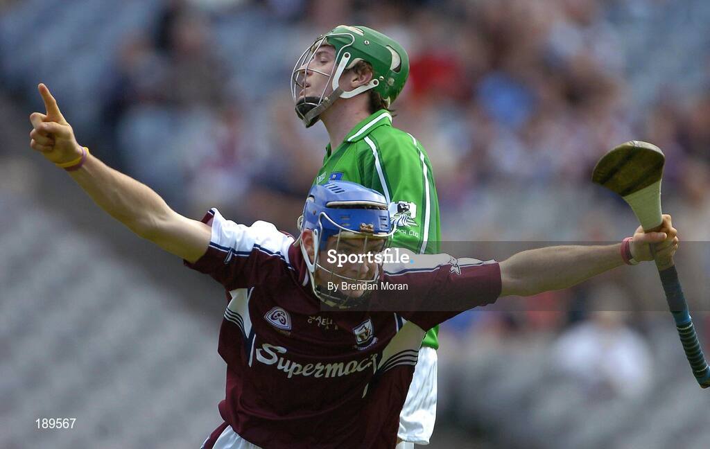 11 September 2005; Conor Kavanagh, Galway, celebrates scoring his sides first goal with a dejected Liam Hurley, Limerick, in the background. ESB All-Ireland Minor Hurling Championship Final, Galway v Limerick, Croke Park, Dublin. Picture credit; Brendan Moran / SPORTSFILE