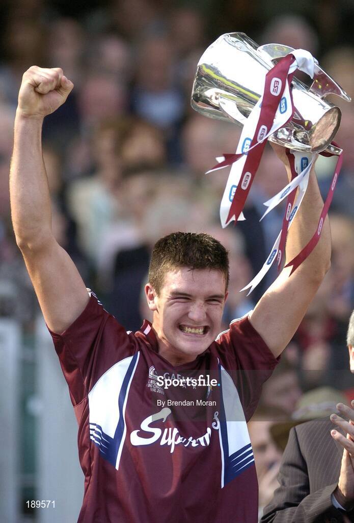 11 September 2005; The Galway captain Andrew Keary celebrates with the Irish Press Cup. ESB All-Ireland Minor Hurling Championship Final, Galway v Limerick, Croke Park, Dublin. Picture credit; Brendan Moran / SPORTSFILE