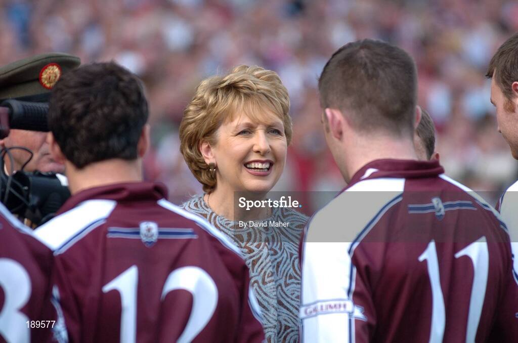 11 September 2005; Presient Mary McAleese meets players of the Galway team before the start of the game. Guinness All-Ireland Senior Hurling Championship Final, Galway v Cork, Croke Park, Dublin. Picture credit; David Maher / SPORTSFILE *** Local Caption *** Any photograph taken by SPORTSFILE during, or in connection with, the 2005 Guinness All-Ireland Hurling Final which displays GAA logos or contains an image or part of an image of any GAA intellectual property, or, which contains images of a GAA player/players in their playing uniforms, may only be used for editorial and non-advertising purposes.  Use of photographs for advertising, as posters or for purchase separately is strictly prohibited unless prior written approval has been obtained from the Gaelic Athletic Association.