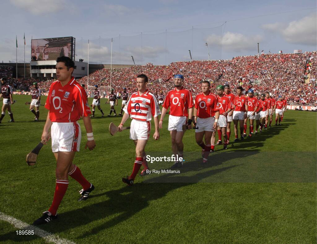 11 September 2005; Captain Sean Og O hAilpin leads the Cork team during parade. Guinness All-Ireland Senior Hurling Championship Final, Galway v Cork, Croke Park, Dublin. Picture credit; Ray McManus / SPORTSFILE *** Local Caption *** Any photograph taken by SPORTSFILE during, or in connection with, the 2005 Guinness All-Ireland Hurling Final which displays GAA logos or contains an image or part of an image of any GAA intellectual property, or, which contains images of a GAA player/players in their playing uniforms, may only be used for editorial and non-advertising purposes.  Use of photographs for advertising, as posters or for purchase separately is strictly prohibited unless prior written approval has been obtained from the Gaelic Athletic Association.