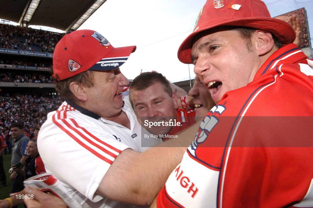 11 September 2005; Diarmuid O'Sullivan, Cork, celebrates with Cork supporters. Guinness All-Ireland Senior Hurling Championship Final, Galway v Cork, Croke Park, Dublin. Picture credit; Ray McManus / SPORTSFILE *** Local Caption *** Any photograph taken by SPORTSFILE during, or in connection with, the 2005 Guinness All-Ireland Hurling Final which displays GAA logos or contains an image or part of an image of any GAA intellectual property, or, which contains images of a GAA player/players in their playing uniforms, may only be used for editorial and non-advertising purposes.  Use of photographs for advertising, as posters or for purchase separately is strictly prohibited unless prior written approval has been obtained from the Gaelic Athletic Association.