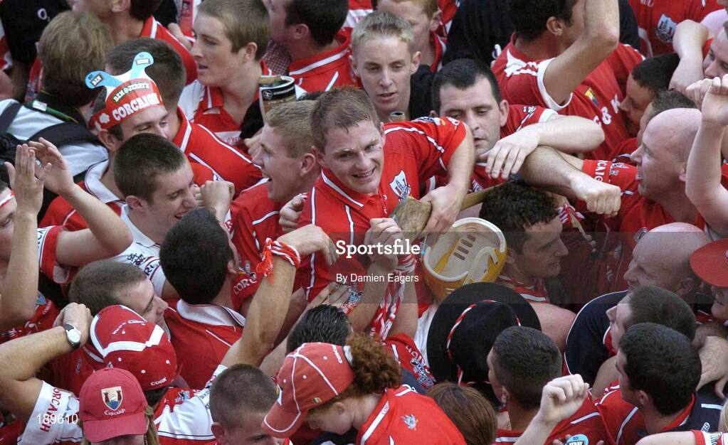 11 September 2005; Joe Deane, Cork, is mobbed by Cork supporters at the end of the game. Guinness All-Ireland Senior Hurling Championship Final, Galway v Cork, Croke Park, Dublin. Picture credit; Damien Eagers / SPORTSFILE *** Local Caption *** Any photograph taken by SPORTSFILE during, or in connection with, the 2005 Guinness All-Ireland Hurling Final which displays GAA logos or contains an image or part of an image of any GAA intellectual property, or, which contains images of a GAA player/players in their playing uniforms, may only be used for editorial and non-advertising purposes.  Use of photographs for advertising, as posters or for purchase separately is strictly prohibited unless prior written approval has been obtained from the Gaelic Athletic Association.