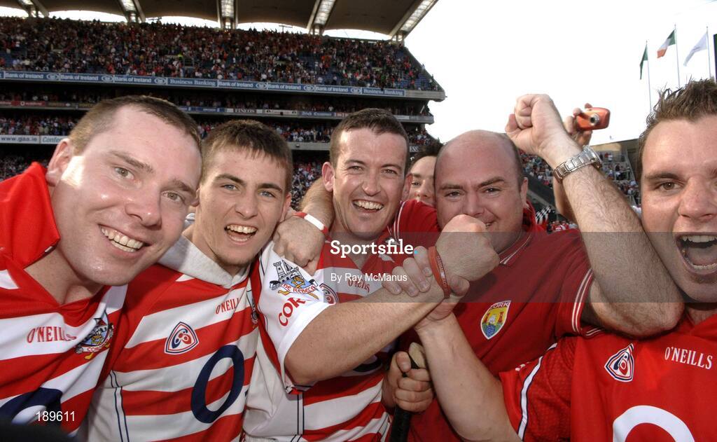 11 September 2005; Donal Og Cusack, Cork, celebrates with Cork supporters. Guinness All-Ireland Senior Hurling Championship Final, Galway v Cork, Croke Park, Dublin. Picture credit; Ray McManus / SPORTSFILE *** Local Caption *** Any photograph taken by SPORTSFILE during, or in connection with, the 2005 Guinness All-Ireland Hurling Final which displays GAA logos or contains an image or part of an image of any GAA intellectual property, or, which contains images of a GAA player/players in their playing uniforms, may only be used for editorial and non-advertising purposes.  Use of photographs for advertising, as posters or for purchase separately is strictly prohibited unless prior written approval has been obtained from the Gaelic Athletic Association.