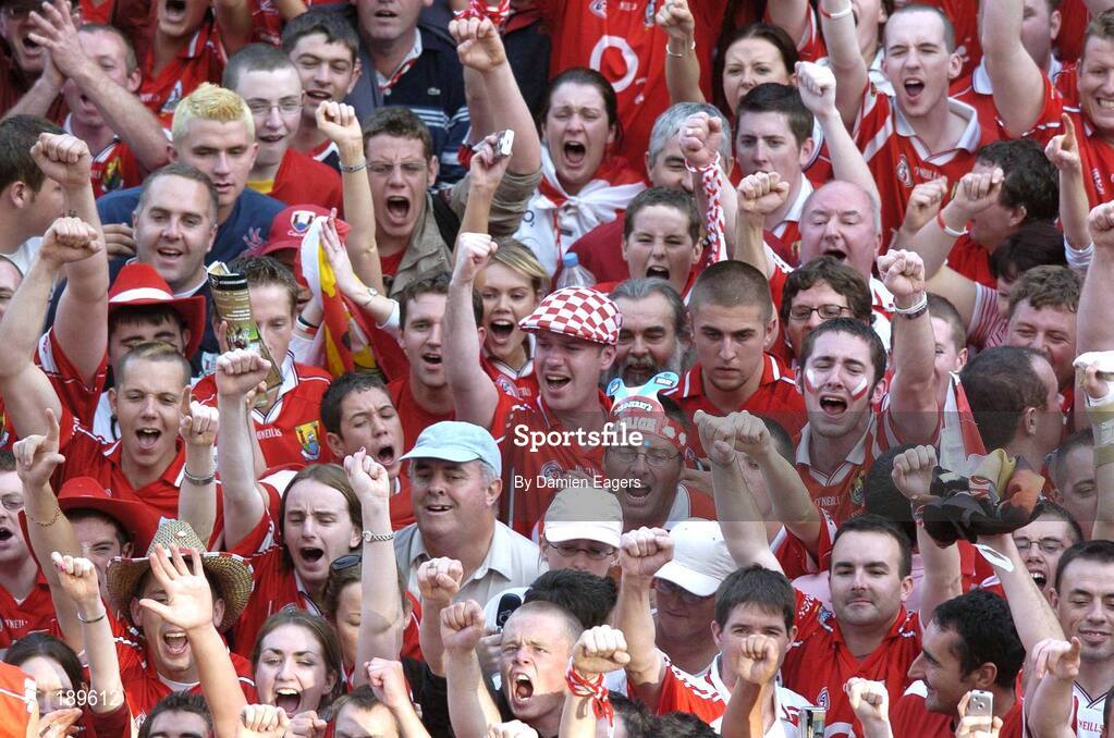 11 September 2005; Cork supporters celebrate after defeating Galway. Guinness All-Ireland Senior Hurling Championship Final, Galway v Cork, Croke Park, Dublin. Picture credit; Damien Eagers / SPORTSFILE *** Local Caption *** Any photograph taken by SPORTSFILE during, or in connection with, the 2005 Guinness All-Ireland Hurling Final which displays GAA logos or contains an image or part of an image of any GAA intellectual property, or, which contains images of a GAA player/players in their playing uniforms, may only be used for editorial and non-advertising purposes.  Use of photographs for advertising, as posters or for purchase separately is strictly prohibited unless prior written approval has been obtained from the Gaelic Athletic Association.