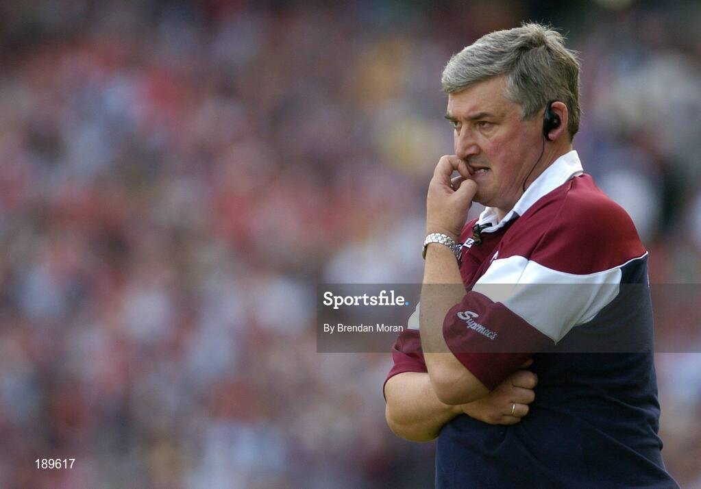 11 September 2005; Galway manager Conor Hayes watches the final moments of the game. Guinness All-Ireland Senior Hurling Championship Final, Galway v Cork, Croke Park, Dublin. Picture credit; Brendan Moran / SPORTSFILE *** Local Caption *** Any photograph taken by SPORTSFILE during, or in connection with, the 2005 Guinness All-Ireland Hurling Final which displays GAA logos or contains an image or part of an image of any GAA intellectual property, or, which contains images of a GAA player/players in their playing uniforms, may only be used for editorial and non-advertising purposes.  Use of photographs for advertising, as posters or for purchase separately is strictly prohibited unless prior written approval has been obtained from the Gaelic Athletic Association.