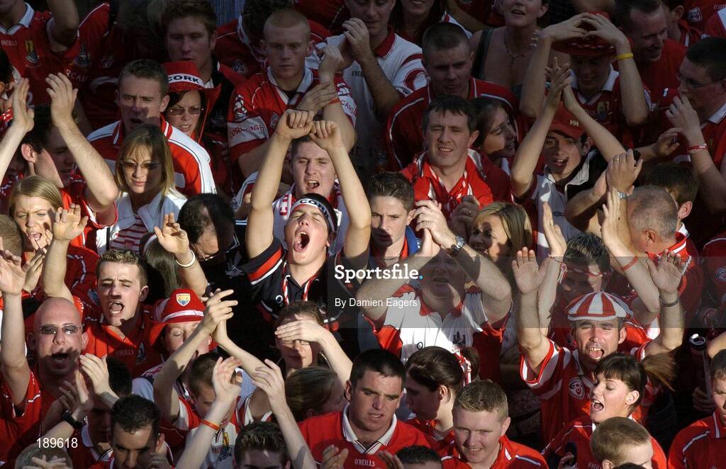 11 September 2005; Cork supporters celebrate after victory over Galway. Guinness All-Ireland Senior Hurling Championship Final, Galway v Cork, Croke Park, Dublin. Picture credit; Damien Eagers / SPORTSFILE *** Local Caption *** Any photograph taken by SPORTSFILE during, or in connection with, the 2005 Guinness All-Ireland Hurling Final which displays GAA logos or contains an image or part of an image of any GAA intellectual property, or, which contains images of a GAA player/players in their playing uniforms, may only be used for editorial and non-advertising purposes.  Use of photographs for advertising, as posters or for purchase separately is strictly prohibited unless prior written approval has been obtained from the Gaelic Athletic Association.