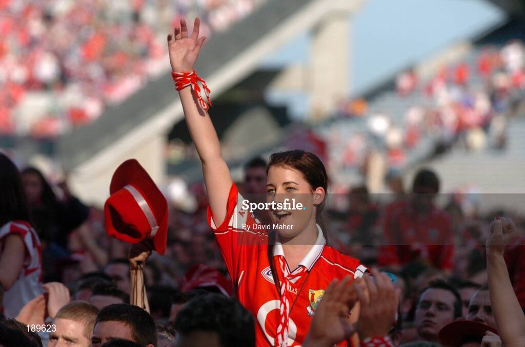 11 September 2005; A Cork supporter celebrates at the end of the game. Guinness All-Ireland Senior Hurling Championship Final, Galway v Cork, Croke Park, Dublin. Picture credit; David Maher / SPORTSFILE *** Local Caption *** Any photograph taken by SPORTSFILE during, or in connection with, the 2005 Guinness All-Ireland Hurling Final which displays GAA logos or contains an image or part of an image of any GAA intellectual property, or, which contains images of a GAA player/players in their playing uniforms, may only be used for editorial and non-advertising purposes.  Use of photographs for advertising, as posters or for purchase separately is strictly prohibited unless prior written approval has been obtained from the Gaelic Athletic Association.