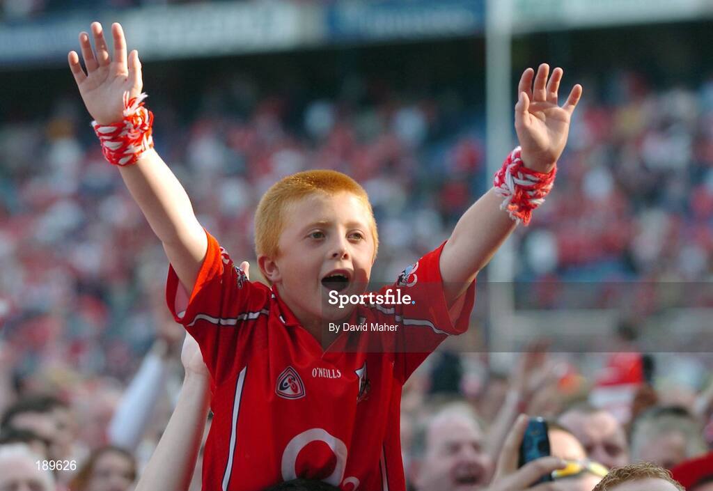 11 September 2005; A young Cork supporter celebrates at the end of the game. Guinness All-Ireland Senior Hurling Championship Final, Galway v Cork, Croke Park, Dublin. Picture credit; David Maher / SPORTSFILE *** Local Caption *** Any photograph taken by SPORTSFILE during, or in connection with, the 2005 Guinness All-Ireland Hurling Final which displays GAA logos or contains an image or part of an image of any GAA intellectual property, or, which contains images of a GAA player/players in their playing uniforms, may only be used for editorial and non-advertising purposes.  Use of photographs for advertising, as posters or for purchase separately is strictly prohibited unless prior written approval has been obtained from the Gaelic Athletic Association.