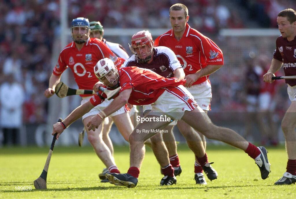 11 September 2005; Ronan Curran, Cork, in action against Alan Kerins, Galway. Guinness All-Ireland Senior Hurling Championship Final, Galway v Cork, Croke Park, Dublin. Picture credit; Ray McManus / SPORTSFILE *** Local Caption *** Any photograph taken by SPORTSFILE during, or in connection with, the 2005 Guinness All-Ireland Hurling Final which displays GAA logos or contains an image or part of an image of any GAA intellectual property, or, which contains images of a GAA player/players in their playing uniforms, may only be used for editorial and non-advertising purposes.  Use of photographs for advertising, as posters or for purchase separately is strictly prohibited unless prior written approval has been obtained from the Gaelic Athletic Association.