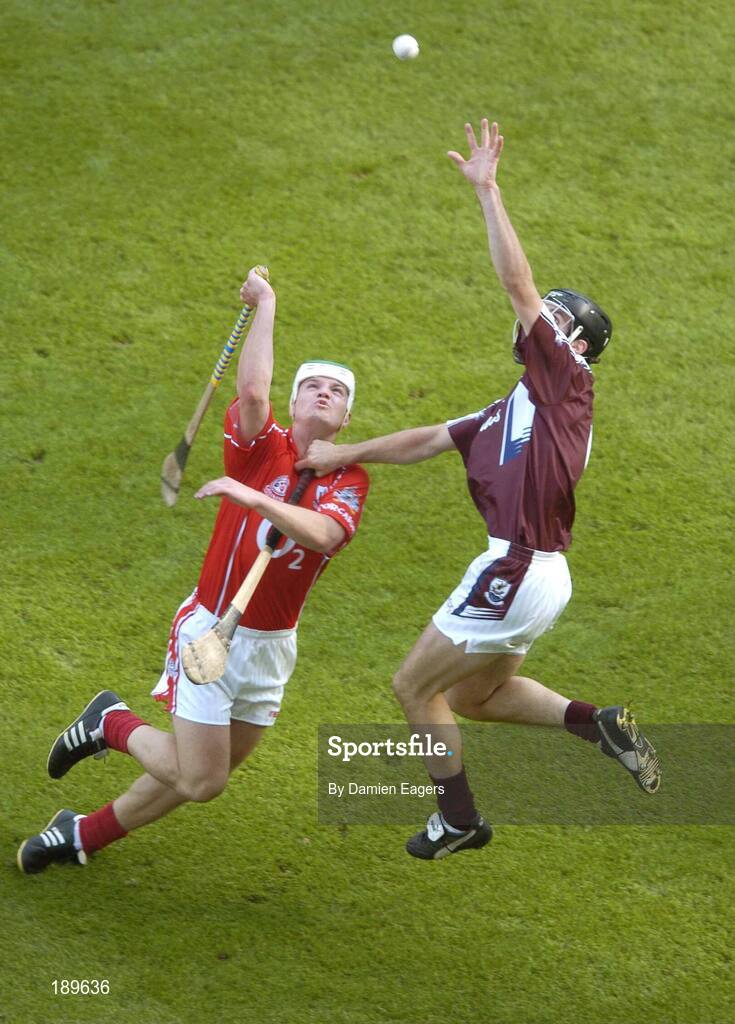 11 September 2005; Shane Kavanagh, Galway, in action against Niall McCarthy, Cork. Guinness All-Ireland Senior Hurling Championship Final, Galway v Cork, Croke Park, Dublin. Picture credit; Damien Eagers / SPORTSFILE *** Local Caption *** Any photograph taken by SPORTSFILE during, or in connection with, the 2005 Guinness All-Ireland Hurling Final which displays GAA logos or contains an image or part of an image of any GAA intellectual property, or, which contains images of a GAA player/players in their playing uniforms, may only be used for editorial and non-advertising purposes.  Use of photographs for advertising, as posters or for purchase separately is strictly prohibited unless prior written approval has been obtained from the Gaelic Athletic Association.