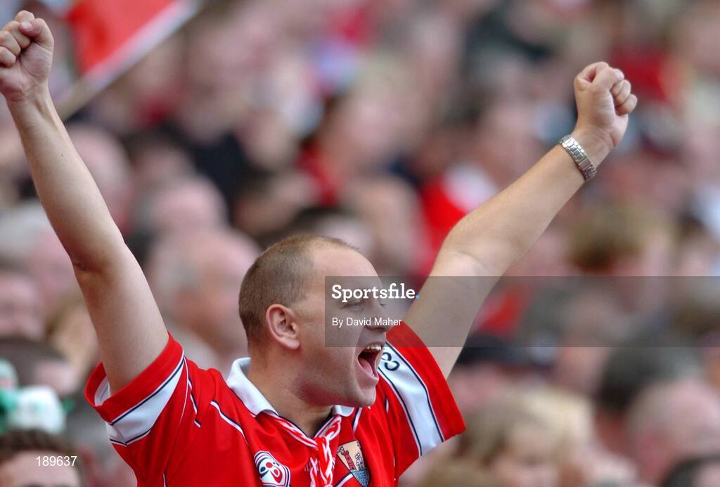 11 September 2005; A Cork supporter cheers on his team during the game. Guinness All-Ireland Senior Hurling Championship Final, Galway v Cork, Croke Park, Dublin. Picture credit; David Maher / SPORTSFILE *** Local Caption *** Any photograph taken by SPORTSFILE during, or in connection with, the 2005 Guinness All-Ireland Hurling Final which displays GAA logos or contains an image or part of an image of any GAA intellectual property, or, which contains images of a GAA player/players in their playing uniforms, may only be used for editorial and non-advertising purposes.  Use of photographs for advertising, as posters or for purchase separately is strictly prohibited unless prior written approval has been obtained from the Gaelic Athletic Association.