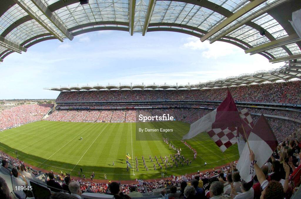 11 September 2005; The Galway and Cork players pictured during the pre-match parade. Guinness All-Ireland Senior Hurling Championship Final, Galway v Cork, Croke Park, Dublin. Picture credit; Damien Eagers / SPORTSFILE *** Local Caption *** Any photograph taken by SPORTSFILE during, or in connection with, the 2005 Guinness All-Ireland Hurling Final which displays GAA logos or contains an image or part of an image of any GAA intellectual property, or, which contains images of a GAA player/players in their playing uniforms, may only be used for editorial and non-advertising purposes.  Use of photographs for advertising, as posters or for purchase separately is strictly prohibited unless prior written approval has been obtained from the Gaelic Athletic Association.