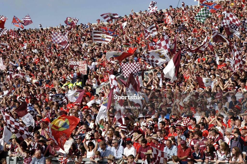 11 September 2005; Cork and Galway supporters on Hill 16. Guinness All-Ireland Senior Hurling Championship Final, Galway v Cork, Croke Park, Dublin. Picture credit; Ray McManus / SPORTSFILE *** Local Caption *** Any photograph taken by SPORTSFILE during, or in connection with, the 2005 Guinness All-Ireland Hurling Final which displays GAA logos or contains an image or part of an image of any GAA intellectual property, or, which contains images of a GAA player/players in their playing uniforms, may only be used for editorial and non-advertising purposes.  Use of photographs for advertising, as posters or for purchase separately is strictly prohibited unless prior written approval has been obtained from the Gaelic Athletic Association.