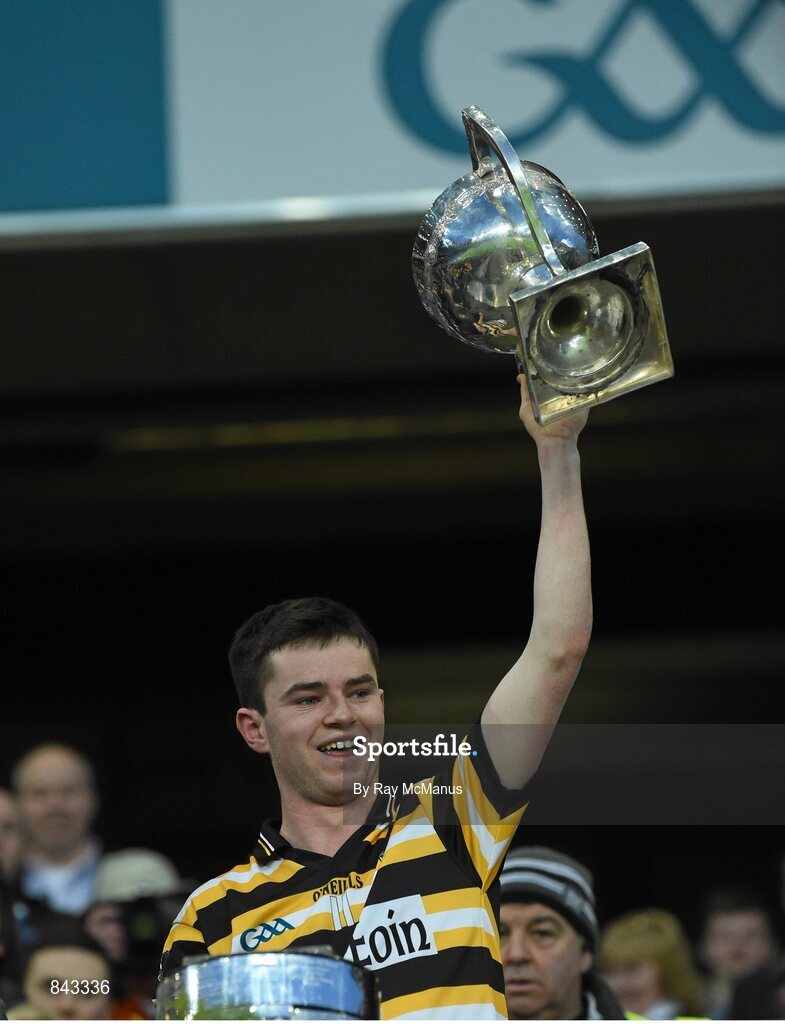 23 January 2013; Cillian O Seanain, Coláiste Eoin, lifts the cup. Leinster Colleges Senior Football Championship Final, Coláiste Eoin v Marist Athlone. Croke Park, Dublin. Picture credit: Ray McManus / SPORTSFILE