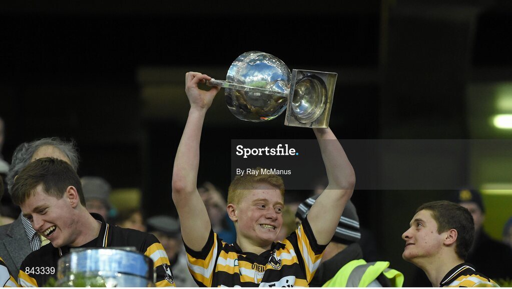 23 January 2013; Luc O Giollain, Coláiste Eoin, lifts the cup. Leinster Colleges Senior Football Championship Final, Coláiste Eoin v Marist Athlone. Croke Park, Dublin. Picture credit: Ray McManus / SPORTSFILE