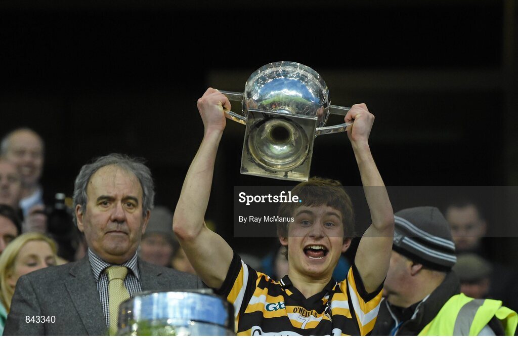 23 January 2013; Ben Mac Cormaic, Coláiste Eoin, lifts the cup. Leinster Colleges Senior Football Championship Final, Coláiste Eoin v Marist Athlone. Croke Park, Dublin. Picture credit: Ray McManus / SPORTSFILE