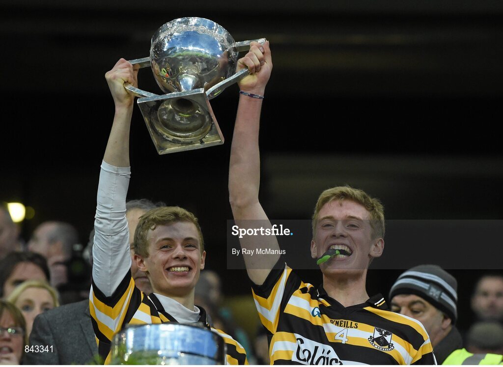 23 January 2013; Fionn O Riain Broin and Cian O Riain Broin, right, Coláiste Eoin, lift the cup. Leinster Colleges Senior Football Championship Final, Coláiste Eoin v Marist Athlone. Croke Park, Dublin. Picture credit: Ray McManus / SPORTSFILE