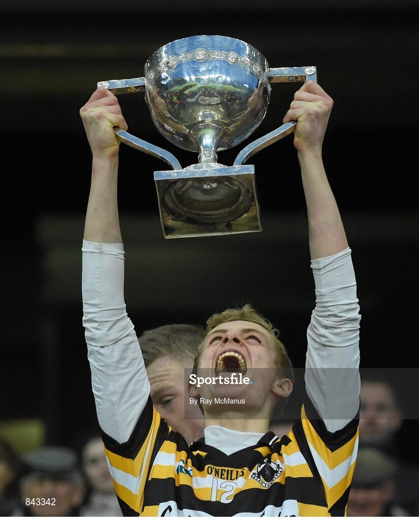 23 January 2013; Fionn O Riain Broin, Coláiste Eoin, lifts the cup. Leinster Colleges Senior Football Championship Final, Coláiste Eoin v Marist Athlone. Croke Park, Dublin. Picture credit: Ray McManus / SPORTSFILE