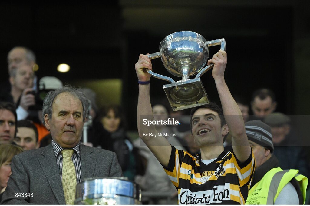 23 January 2013; Michael O Croinin, Coláiste Eoin, lifts the cup. Leinster Colleges Senior Football Championship Final, Coláiste Eoin v Marist Athlone. Croke Park, Dublin. Picture credit: Ray McManus / SPORTSFILE