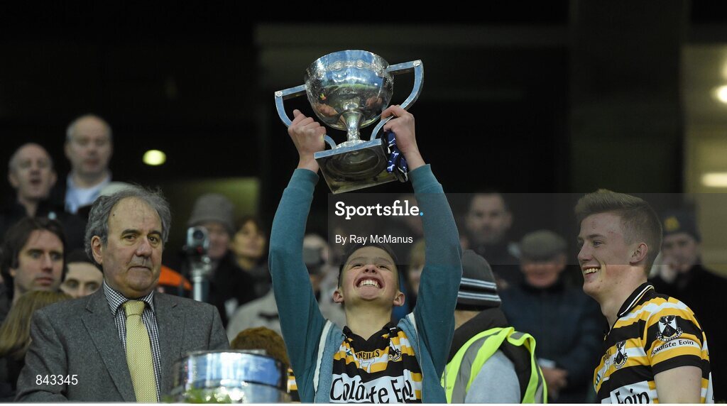 23 January 2013; Diarmuid O Seasnain, Coláiste Eoin, lifts the cup. Leinster Colleges Senior Football Championship Final, Coláiste Eoin v Marist Athlone. Croke Park, Dublin. Picture credit: Ray McManus / SPORTSFILE