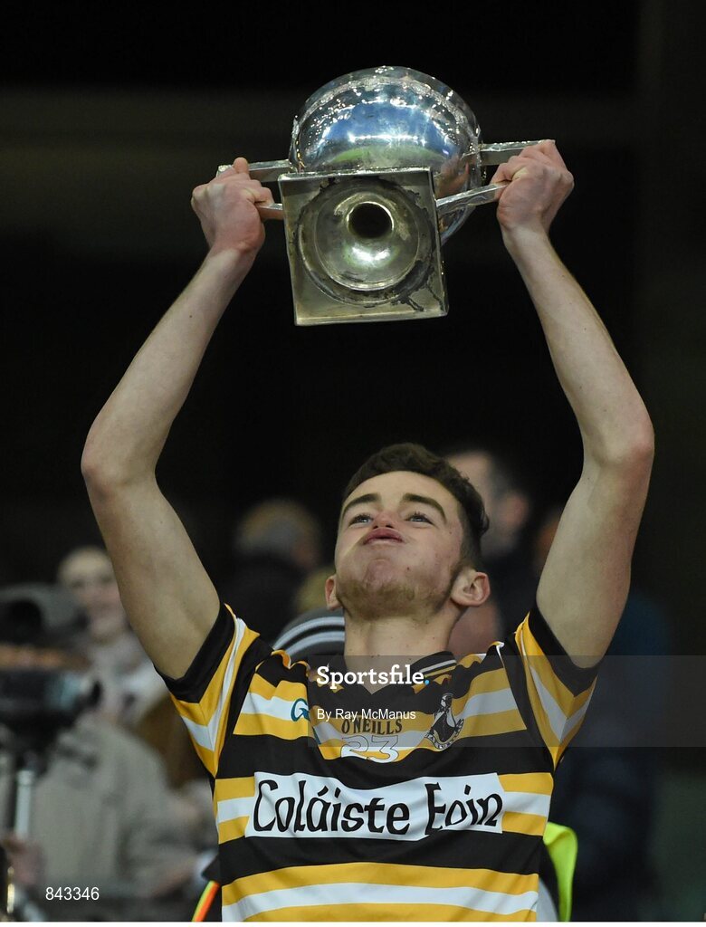 23 January 2013; Maitiu O Ciarnain, Coláiste Eoin, lifts the cup. Leinster Colleges Senior Football Championship Final, Coláiste Eoin v Marist Athlone. Croke Park, Dublin. Picture credit: Ray McManus / SPORTSFILE
