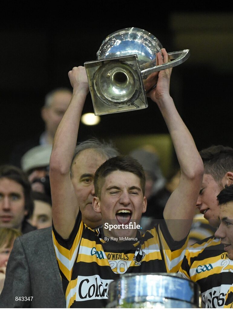 23 January 2013; Eoin Mac Sithigh, Coláiste Eoin, lifts the cup. Leinster Colleges Senior Football Championship Final, Coláiste Eoin v Marist Athlone. Croke Park, Dublin. Picture credit: Ray McManus / SPORTSFILE